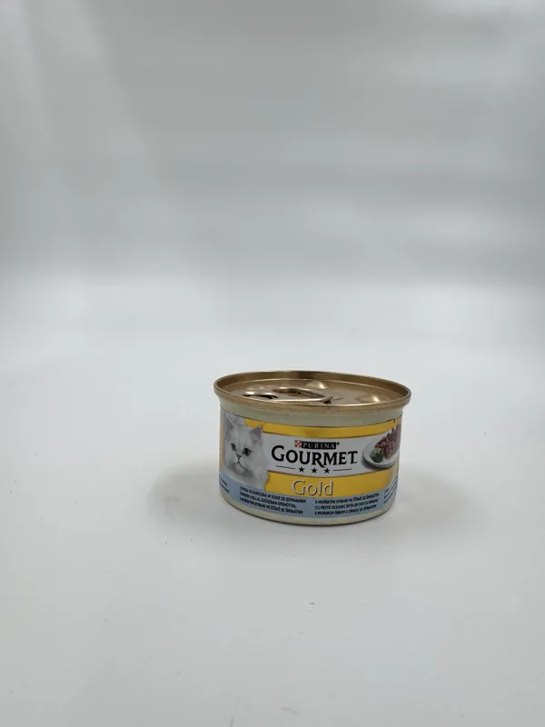 کنسرو گربه گورمت Gold با طعم ماهی اقیانوسی و اسفناج