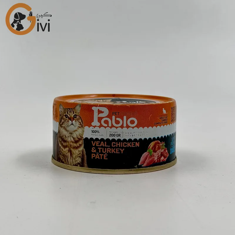غذای کنسرو گربه 200 گرمی Pablo با طعم گوشت گوساله و مرغ و بوقلمون