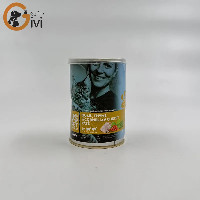 غذای کنسرو گربه 400 گرمی US+ با طعم گوشت بلدرچین و ذغال اخته
