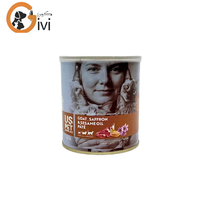 غذای کنسرو گربه 800 گرمی US+ با طعم گوشت بز و زعفران