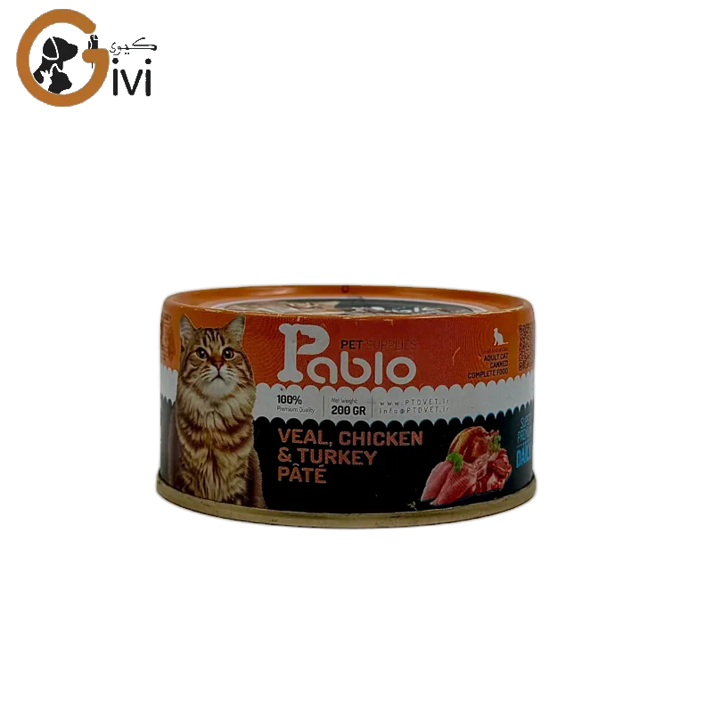 غذای کنسرو گربه 200 گرمی Pablo با طعم گوشت گوساله و مرغ و بوقلمون