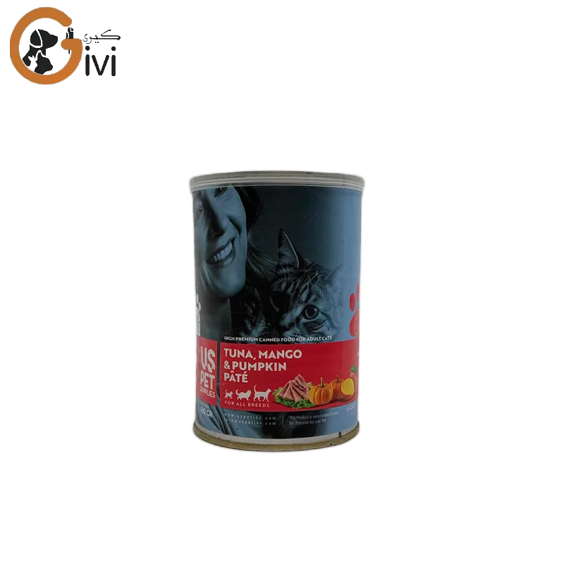 غذای کنسرو گربه 400 گرمی US+ با طعم ماهی تن و انبه