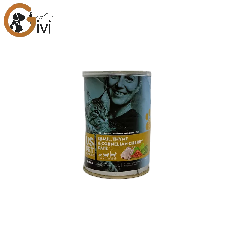 غذای کنسرو گربه 400 گرمی US+ با طعم گوشت بلدرچین و ذغال اخته