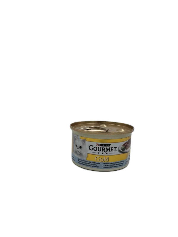 کنسرو گربه گورمت Gold با طعم ماهی اقیانوسی و اسفناج
